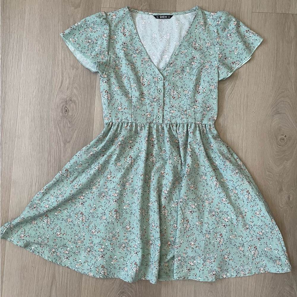 SHEIN XS Mint Green Floral Dress Garden Spring Cottagecore Feminine Summer